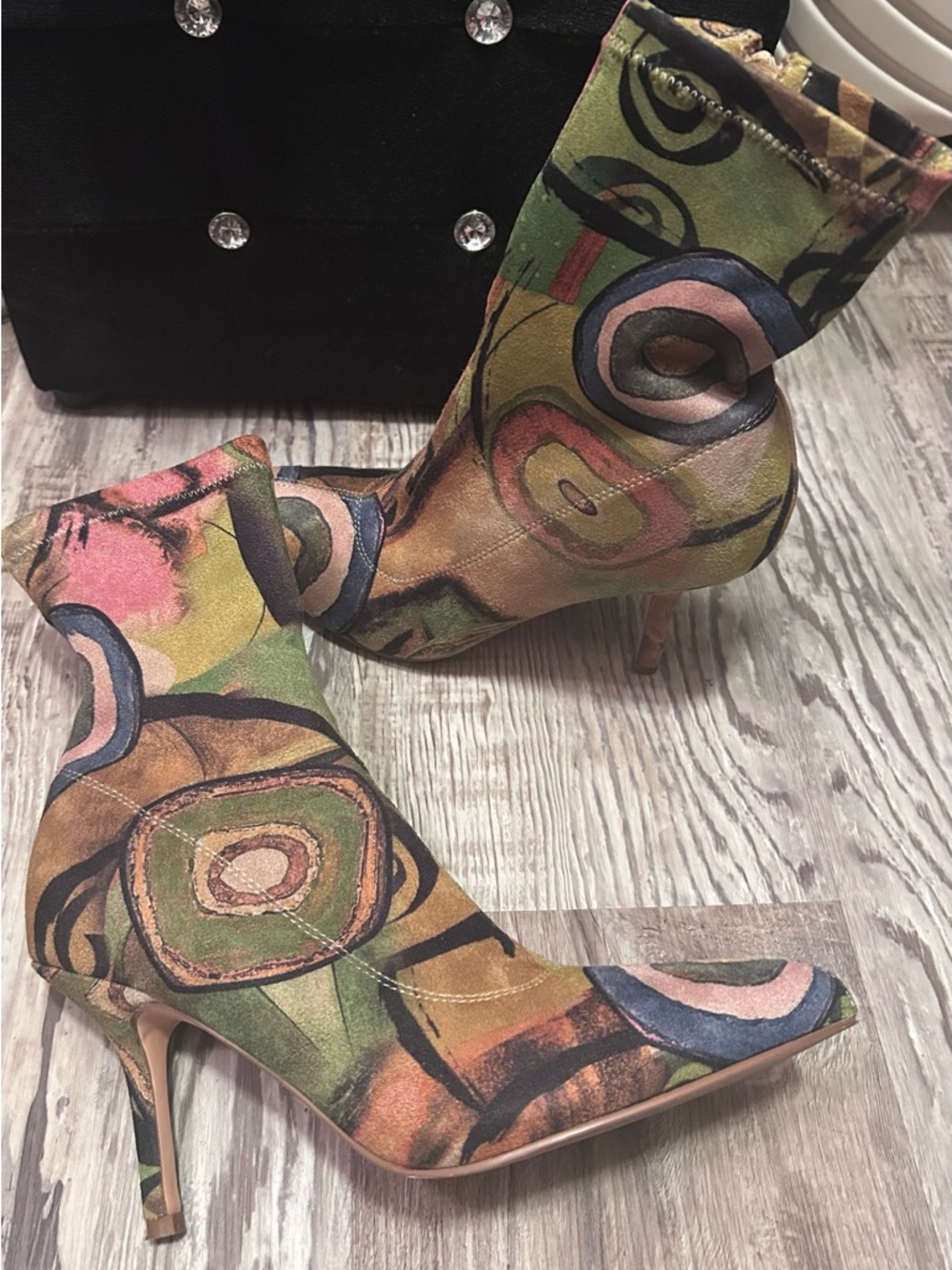 All Over Print Multicolor Abstract Pointed-Toe Stiletto Sock Bootie. - Picture 9 of 12